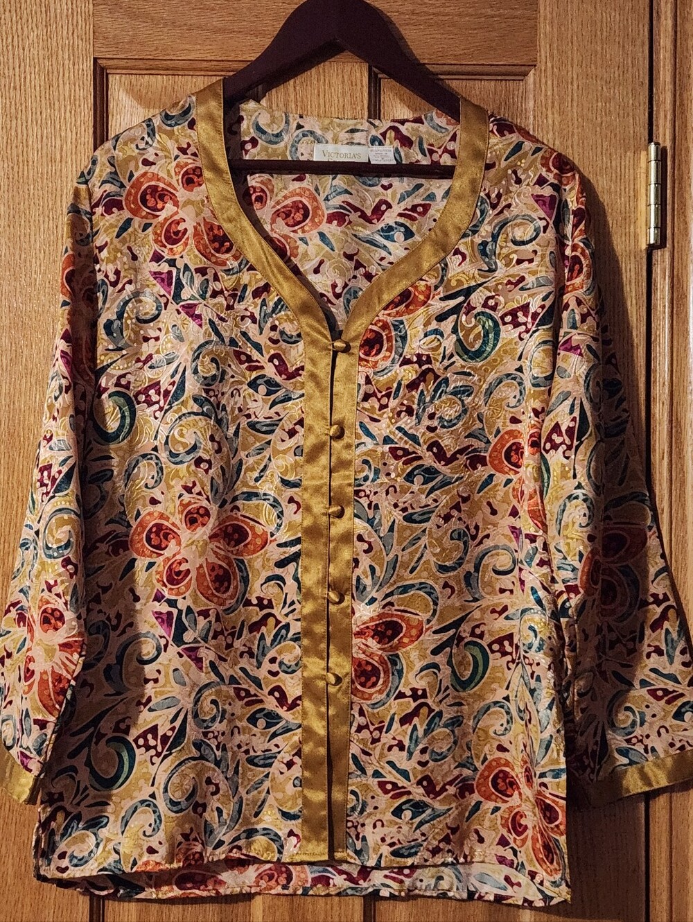 VTG Victoria's Secret Gold Label Gold-Trim Multicolor Paisley Satin Pajama Top S